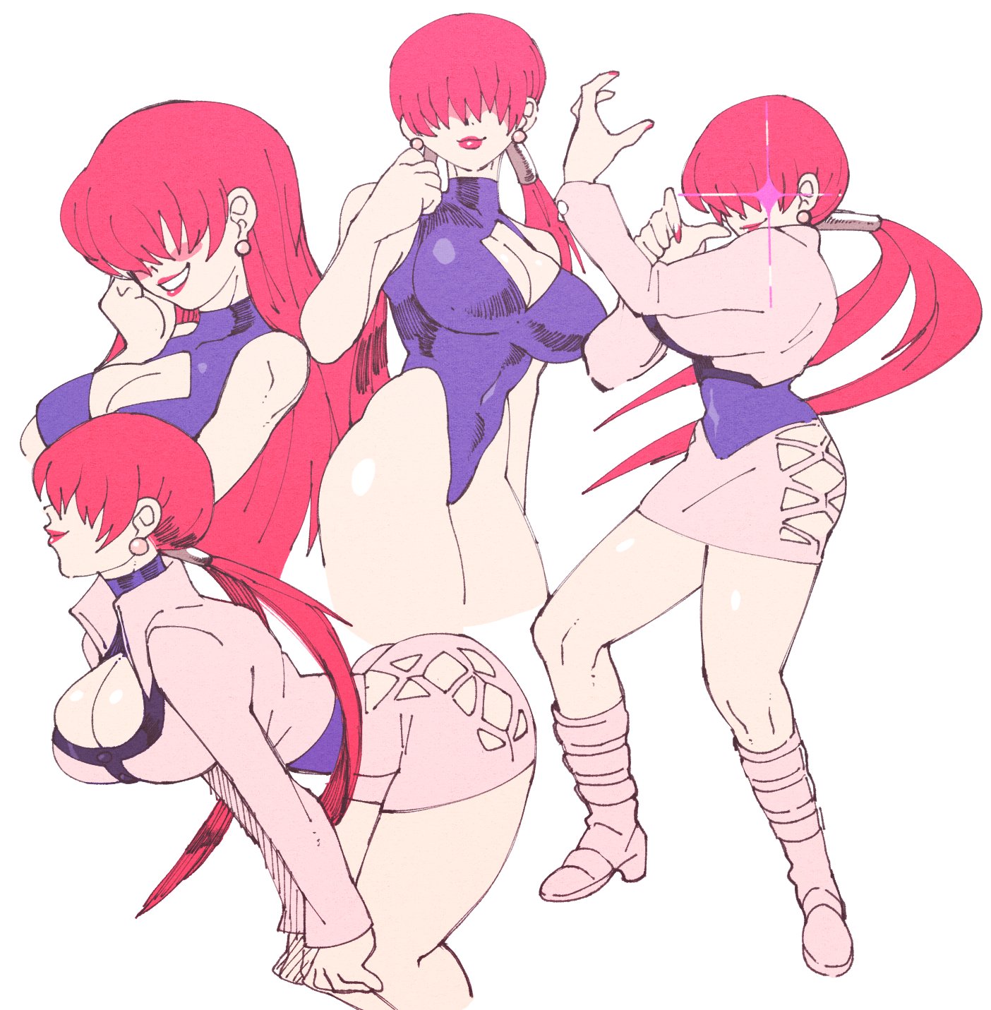 inkerton-kun, inkuusan, shermie (kof), the king of fighters, 1girl, ass, bend, bodysuit, boots, breasts, cleavage, cleavage cutout, clothing cutout, coat, curvy, dress, earrings, fishnets, high heels, huge ass, huge breasts, jacket, jewelry, large breasts, long hair, long sleeves, one-piece swimsuit, pale skin, ponytail, red hair, shiny clothes, shiny skin, skin tight, skirt, smile, smiley face, standing, swimsuit, thick thighs, thighs, tight clothes, twintails, undressing, wide hips