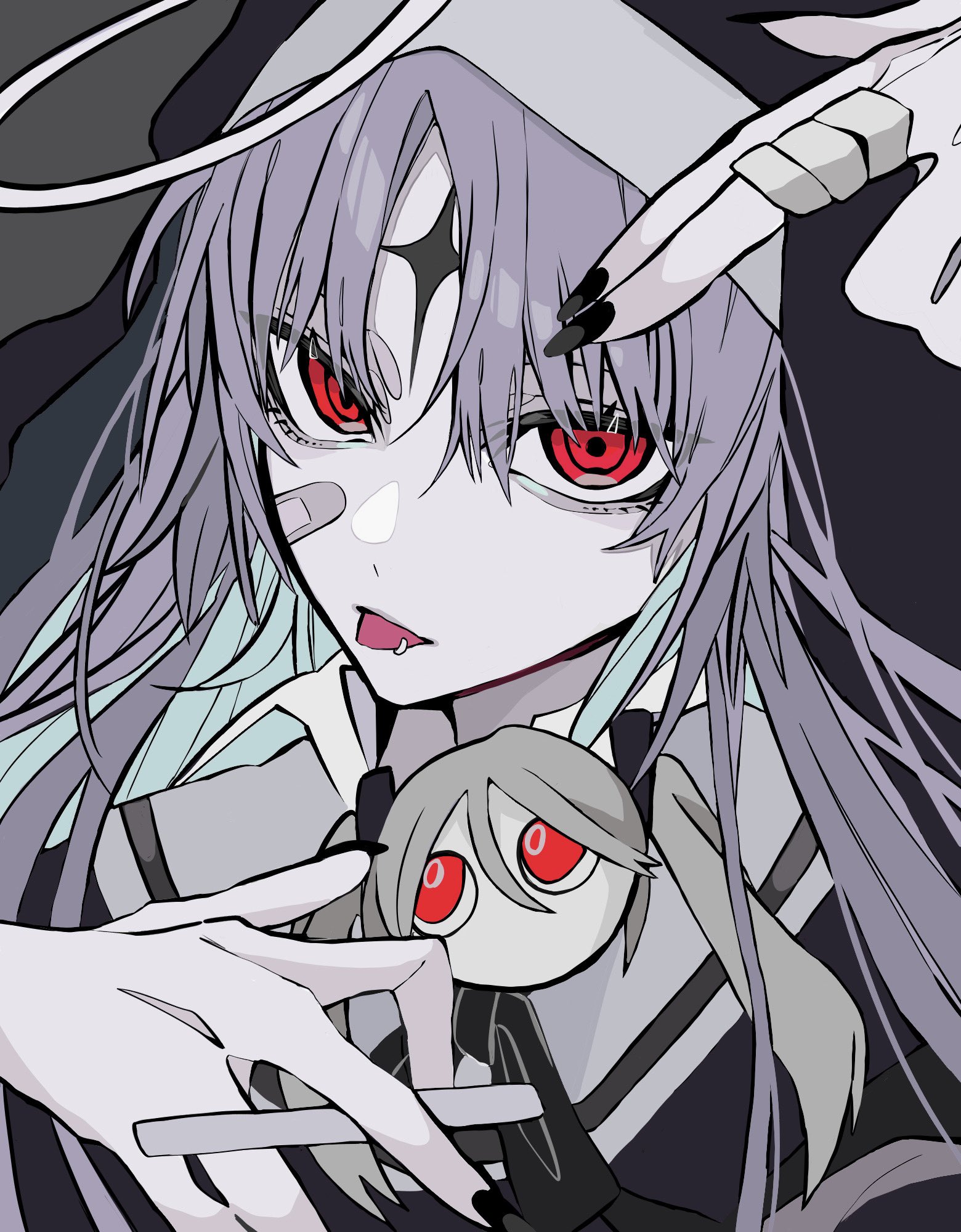 poa poa05, aimaina, hatsune miku, kamippoina (vocaloid), vocaloid, commentary request, highres, 1girl, aegyo sal, aqua hair, arm up, bandaid, bandaid on cheek, bandaid on face, black nails, black ribbon, black shirt, black veil, cigarette, colored inner hair, colored skin, facial mark, forehead mark, grey hair, hair between eyes, halo, hand up, holding, holding cigarette, jewelry, long hair, looking at viewer, multicolored hair, nail polish, neck ribbon, nun, open mouth, piercing, portrait, red eyes, ribbon, ring, ringed eyes, shirt, simple background, solo, tongue, tongue out, tongue piercing, tsurime, two-tone hair, upturned eyes, veil, white halo, white skin