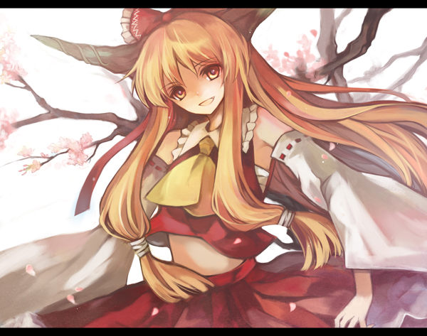 hina (pico), hina (pixiv), hakurei reimu, ibuki suika, touhou, bad id, bad pixiv id, 1girl, armpits, bow, brown hair, cosplay, detached sleeves, female focus, hair ribbon, hakurei reimu (cosplay), horns, japanese clothes, letterboxed, long hair, matching hair/eyes, midriff, miko, orange eyes, orange hair, ribbon, sarashi, solo