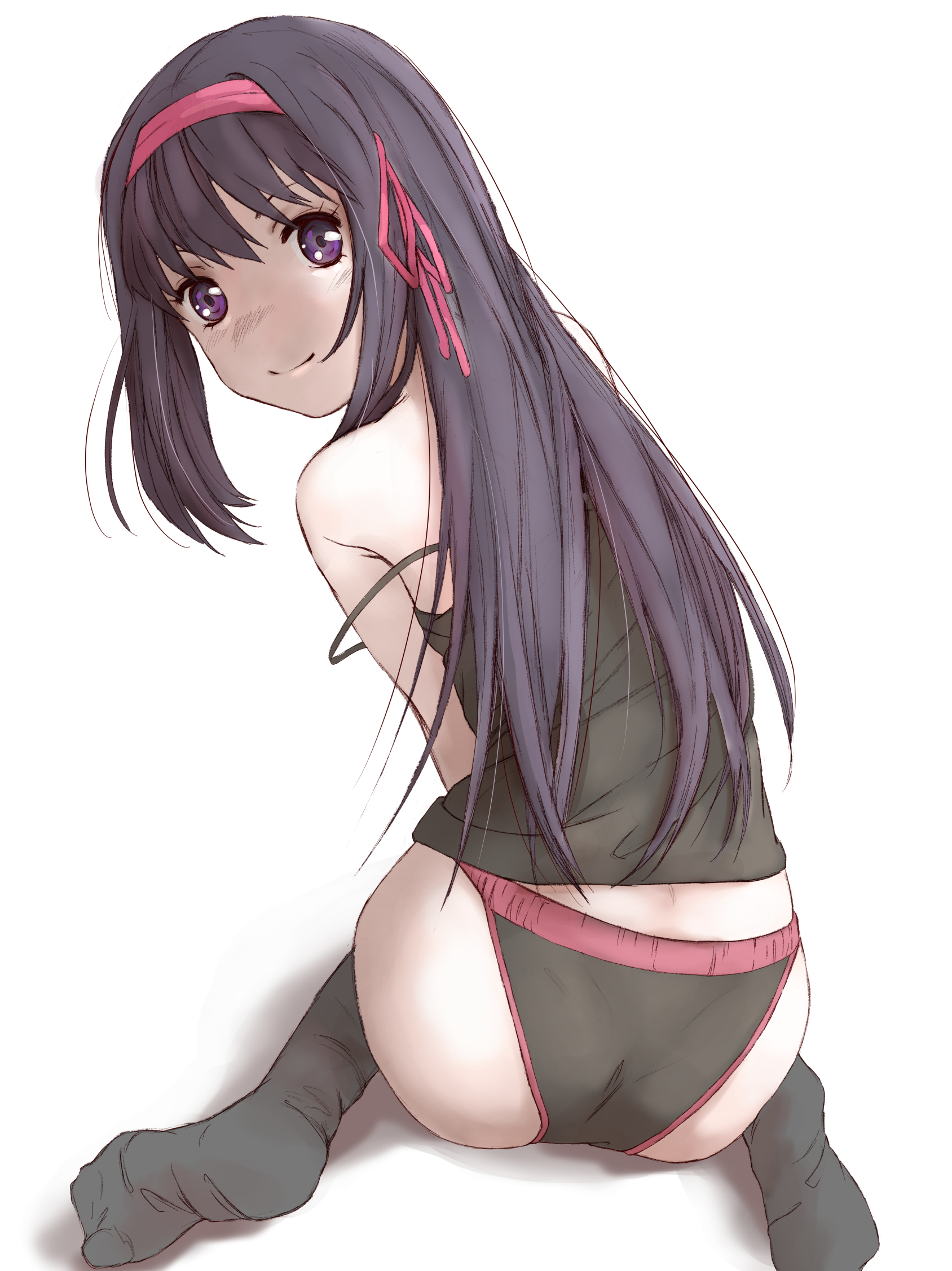 marutaya, akemi homura, mahou shoujo madoka magica, mahou shoujo madoka magica (anime), commentary, highres, 1girl, ass, bare shoulders, black camisole, black hair, black panties, black socks, camisole, closed mouth, from behind, hair ribbon, long hair, looking at viewer, looking back, panties, pink ribbon, purple eyes, ribbon, simple background, sitting, socks, solo, strap slip, underwear, wariza, white background