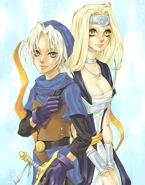 himekawa donki, playplace, mireyu, terry (dq6), dragon quest, dragon quest vi, 1boy, 1girl, blonde hair, breasts, brother and sister, circlet, cleavage, dress, green eyes, long hair, siblings, sword, weapon