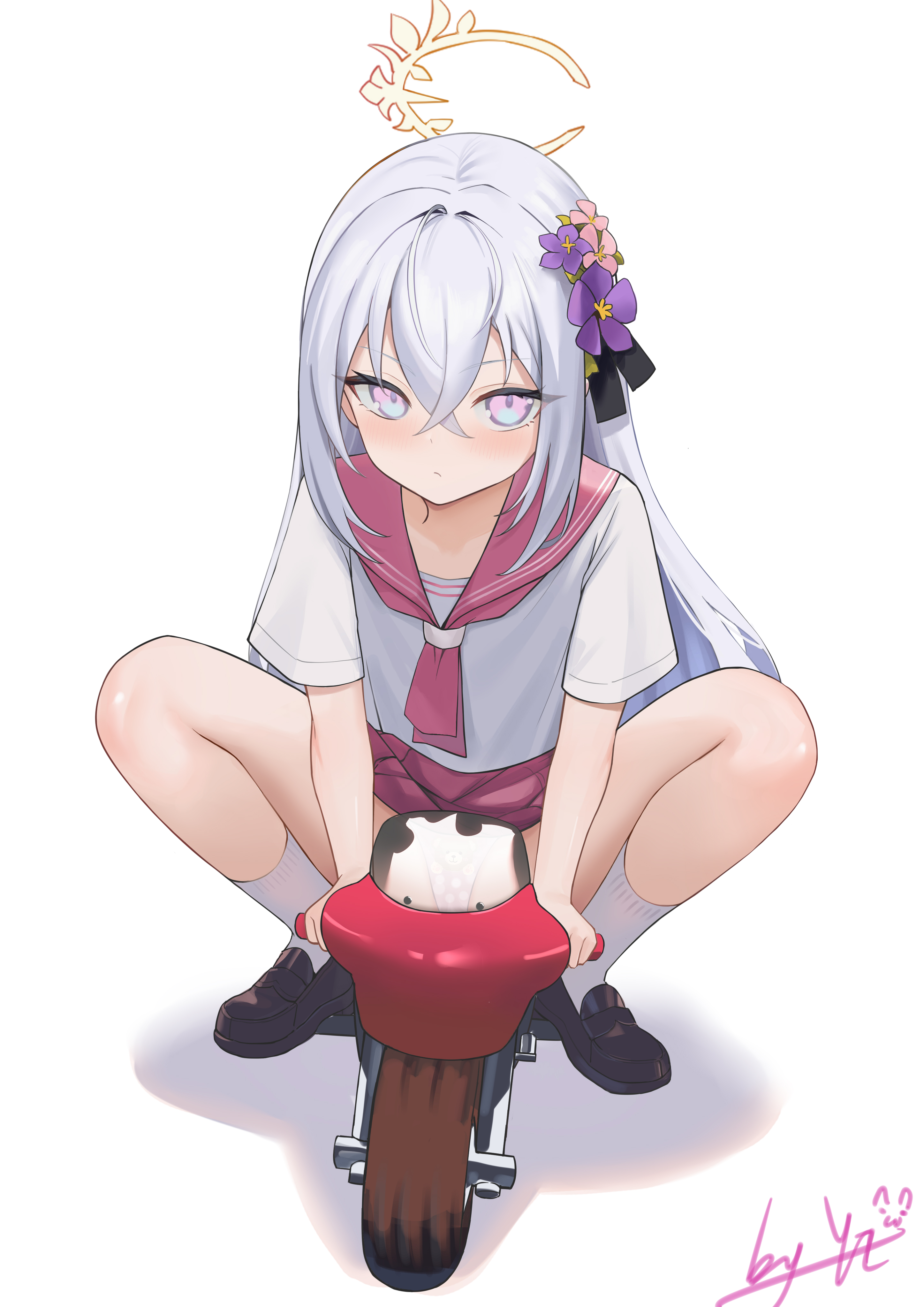 yizi (yizi official), azusa (blue archive), blue archive, absurdres, commentary, highres, 1girl, blush, closed mouth, flower, gradient eyes, hair between eyes, hair flower, hair ornament, halo, long hair, looking at viewer, multicolored eyes, neckerchief, pink neckerchief, pink skirt, pleated skirt, purple eyes, riding, school uniform, serafuku, short sleeves, simple background, sitting, skirt, socks, solo, white background, white hair, white serafuku, white socks, yellow halo