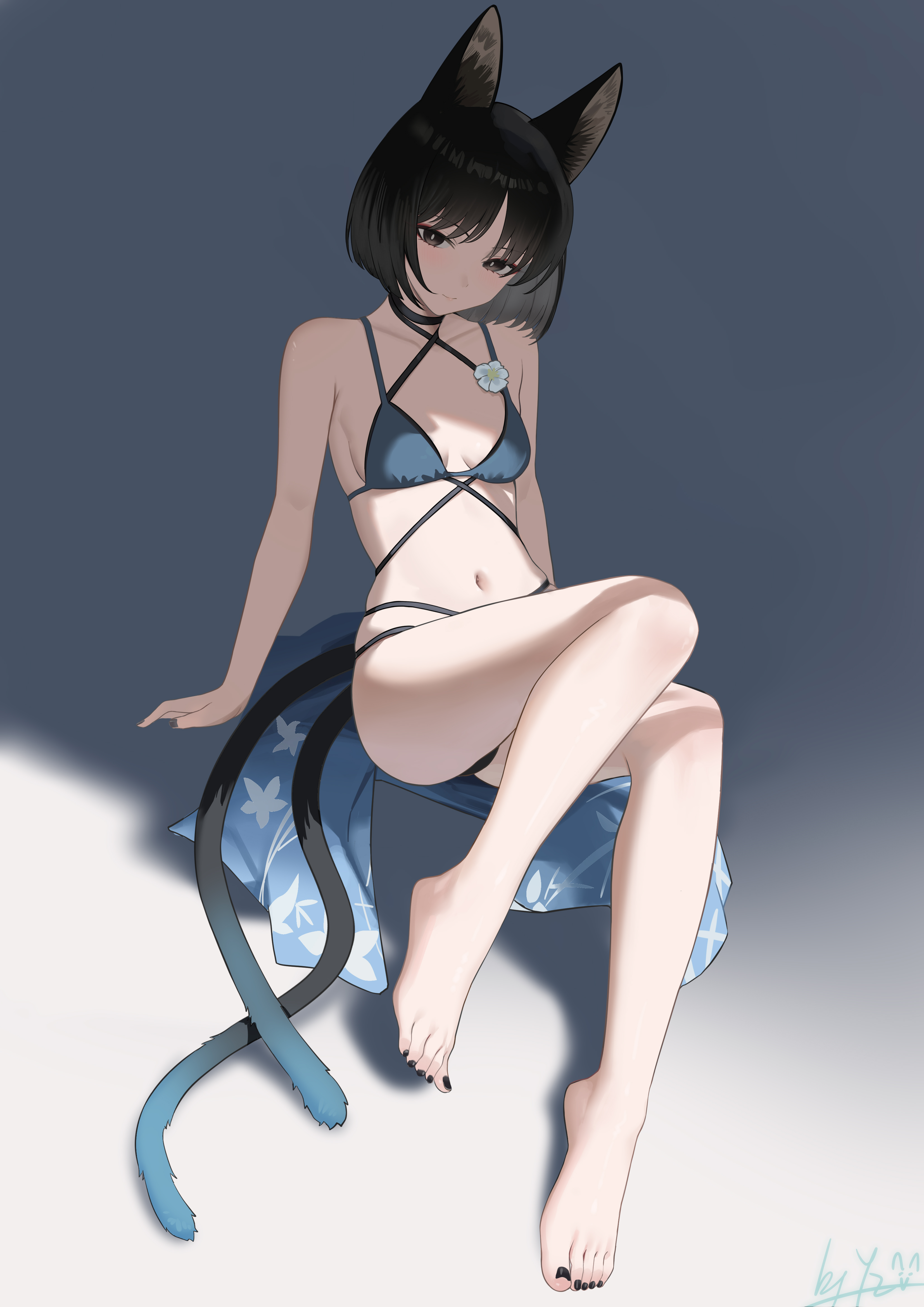 yizi (yizi official), kikyou (blue archive), kikyou (swimsuit) (blue archive), blue archive, absurdres, commentary, highres, 1girl, animal ears, arm support, bikini, black choker, black eyes, black hair, black nails, black tail, blue bikini, blue tail, breasts, cat ears, cat girl, cat tail, choker, closed mouth, gradient tail, halo, layered bikini, light smile, looking at viewer, medium breasts, multiple tails, nail polish, navel, official alternate costume, reclining, short hair, simple background, solo, stomach, swimsuit, tail, toenail polish, toenails, toes, two tails