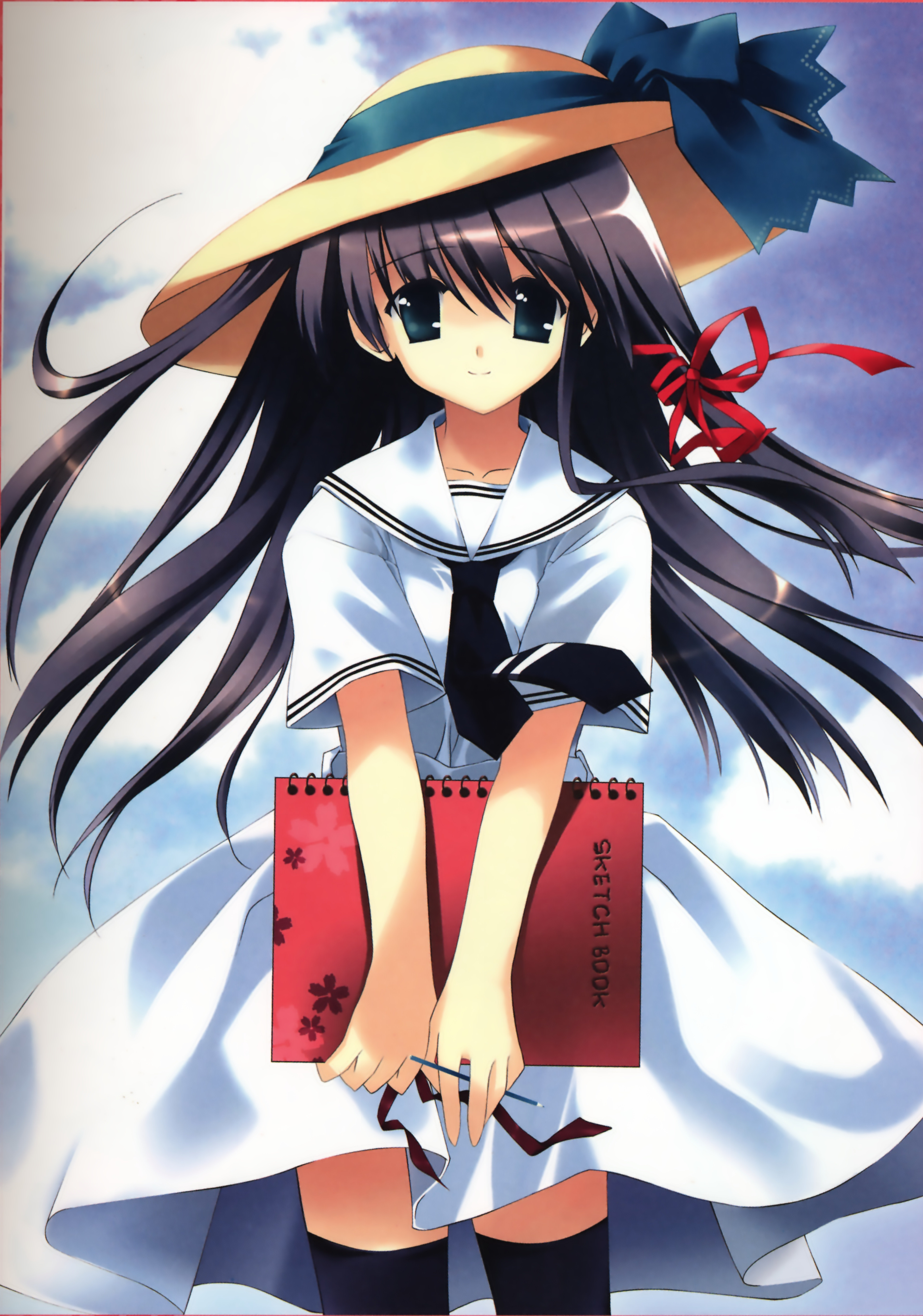 rei (rei's room), original, absurdres, highres, 1girl, brown hair, dress, female focus, green eyes, hat, notebook, sketchbook, solo