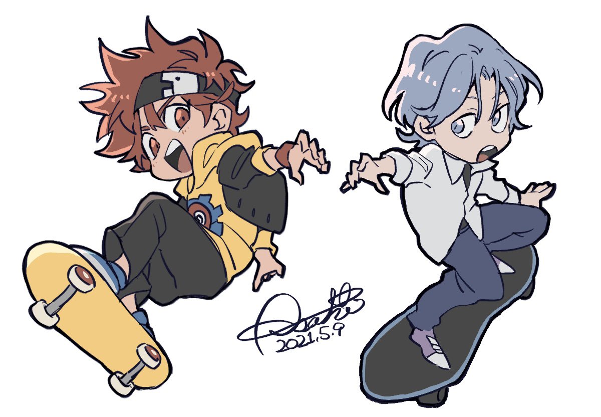 hasegawa langa, kyan reki, sk8 the infinity, commentary request, 2boys, ash cst, black pants, blue hair, chibi, chibi only, full body, hood, hood down, hoodie, male focus, multiple boys, outstretched arm, pants, red hair, shirt, short hair, simple background, skateboard, skateboarding, white background, white shirt, wristband, yellow hoodie