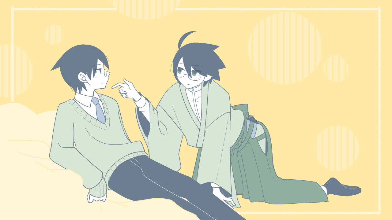 tomato ebichiri, itoshiki mikoto, itoshiki nozomu, sayonara zetsubou sensei, commentary request, 2boys, ahoge, black hair, black pants, black socks, brothers, feet out of frame, full body, glasses, green eyes, hakama, japanese clothes, kimono, kneeling, light blush, light smile, looking at another, lying, male focus, multiple boys, necktie, pants, reaching, reaching towards another, shosei, siblings, socks, sweater, yellow background