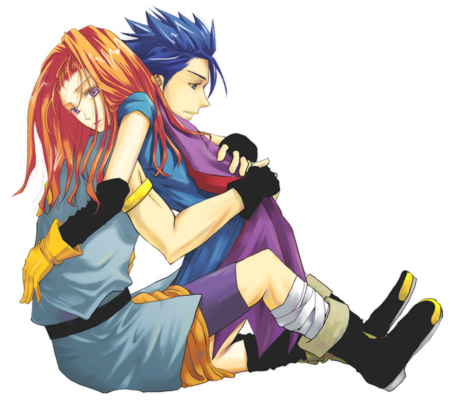 ueda, barbara (dq6), hero (dq6), dragon quest, dragon quest vi, square enix, 1boy, 1girl, cape, dress, elbow gloves, fingerless gloves, forehead, gloves, hetero, hug, long hair, purple eyes, red hair