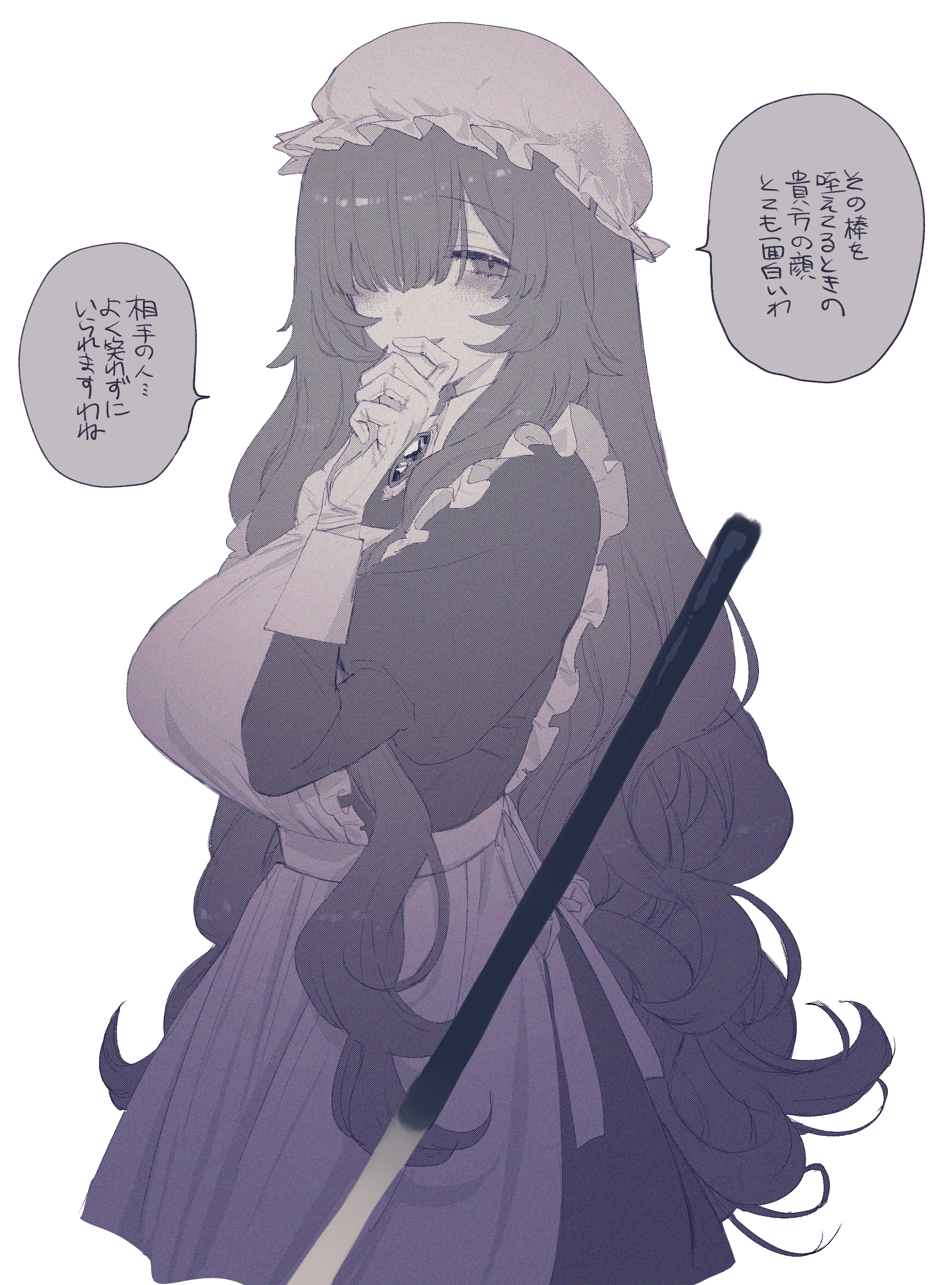 eurasia (wtp09ptw14), francoise (eurasia), original, absurdres, commentary request, highres, translation request, 1girl, apron, breasts, brooch, cowboy shot, dress, frilled apron, frills, gloves, greyscale, hair over one eye, hat, jewelry, juliet sleeves, large breasts, long hair, long sleeves, looking at viewer, maid, maid apron, mob cap, monochrome, one eye covered, parted bangs, parted lips, puffy sleeves, simple background, smile, solo, speech bubble, talking, very long hair, wavy hair, white background