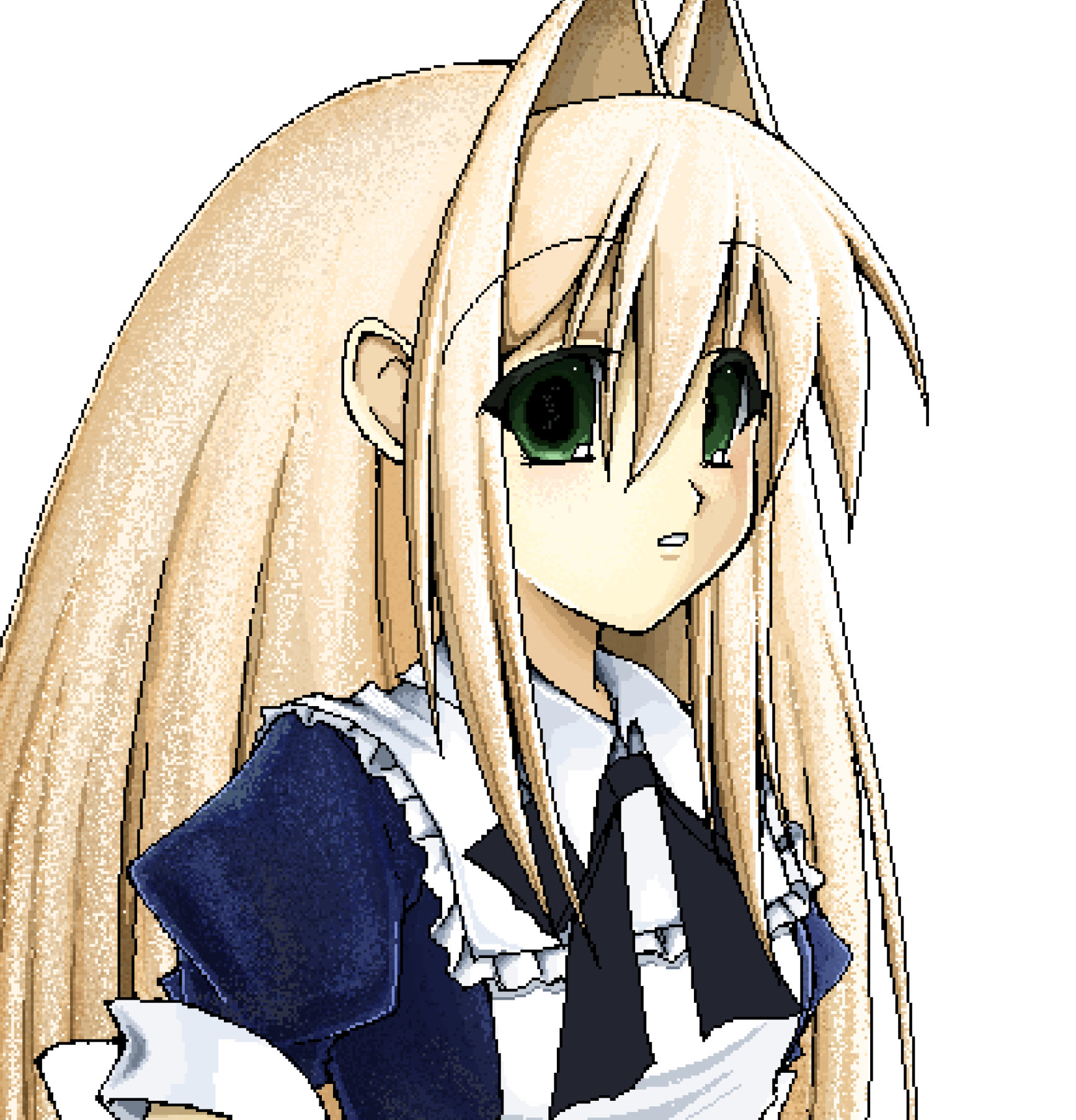 ponymoe, original, highres, 1girl, 2000s (style), annika (ponymoe), bib collar, blonde hair, bow, faux retro artstyle, green eyes, hair ears, hair intakes, long hair, pixel art, ribbon, short sleeves, solo, tareme, white background