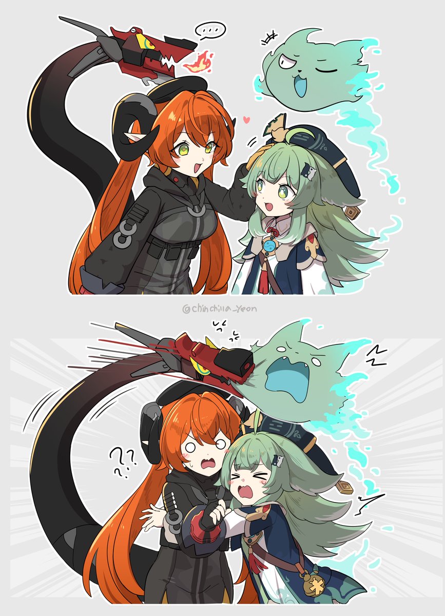 ooyun, huohuo (honkai: star rail), magus (zenless zone zero), orphie magnusson, tail (honkai: star rail), honkai: star rail, honkai (series), mihoyo, zenless zone zero, commentary request, highres, korean commentary, > <, …, 2girls, ?, anger vein, animal ears, biting, blue fire, blush, breasts, closed eyes, fangs, fire, green eyes, green hair, hair between eyes, hair ornament, hat, headpat, heart, horns, long hair, long sleeves, mechanical tail, multiple girls, o o, one eye closed, open mouth, orange hair, paw-shaped pupils, pointy ears, simple background, spoken ellipsis, sweat, symbol-shaped pupils, tail, twitter username, very long hair