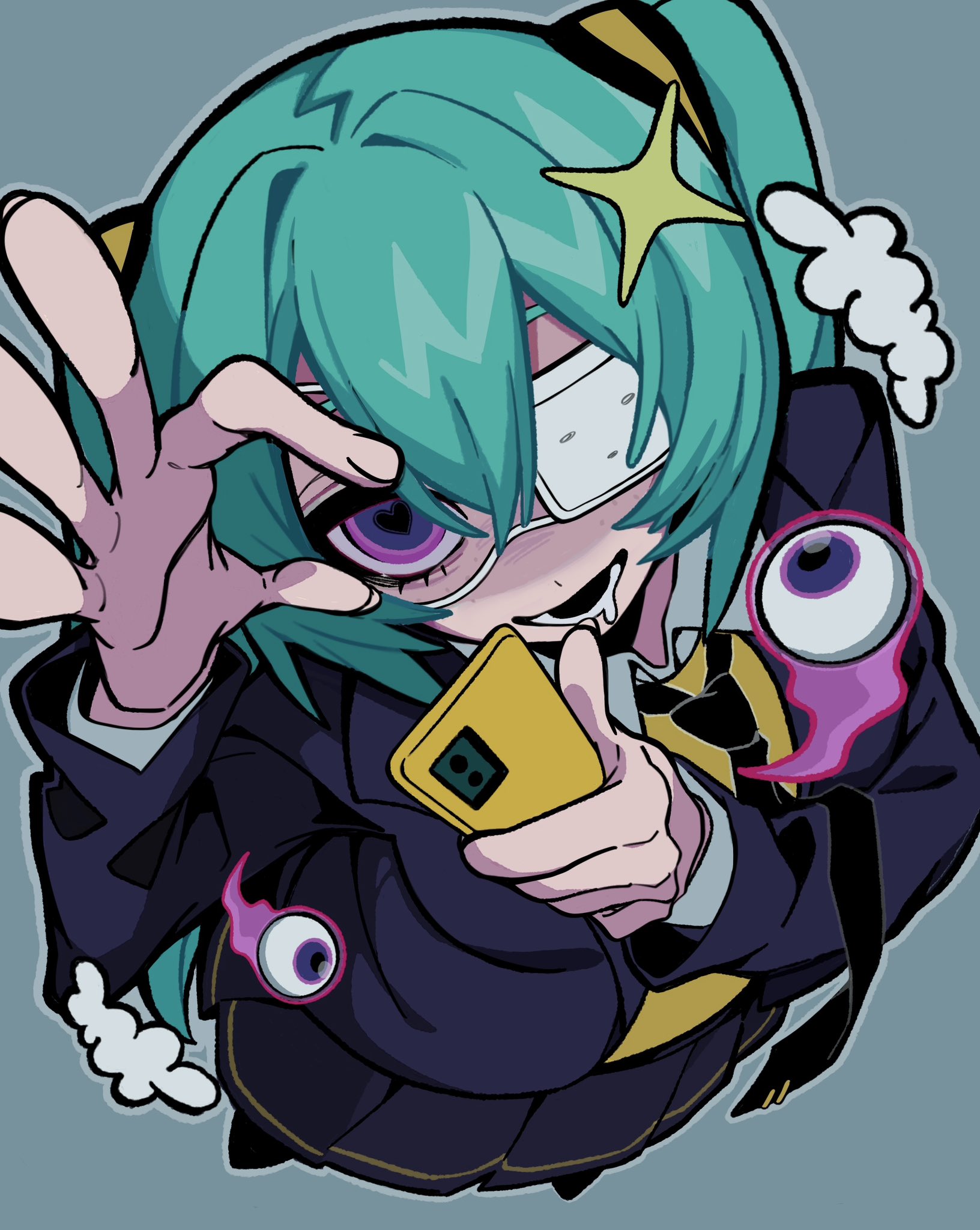 poa poa05, hatsune miku, monitoring (vocaloid), vocaloid, hashtag-only commentary, highres, 1girl, :d, aegyo sal, aqua hair, black eyes, black jacket, black mouth, black necktie, black skirt, collared shirt, double-parted bangs, drooling, eyeball, eyepatch, fingernails, foreshortening, freckles, from above, full body, grey background, grey outline, hair between eyes, hands up, heart, heart-shaped pupils, holding, holding phone, jacket, layered sleeves, looking at viewer, looking up, lower teeth only, medical eyepatch, miniskirt, mouth drool, multicolored eyes, necktie, ok sign, ok sign over eye, one eye covered, open clothes, open jacket, open mouth, outline, phone, pink eyes, pleated skirt, shirt, simple background, skirt, smile, solo, sparkle, standing, symbol-shaped pupils, teeth, twintails, two-tone eyes, yellow shirt