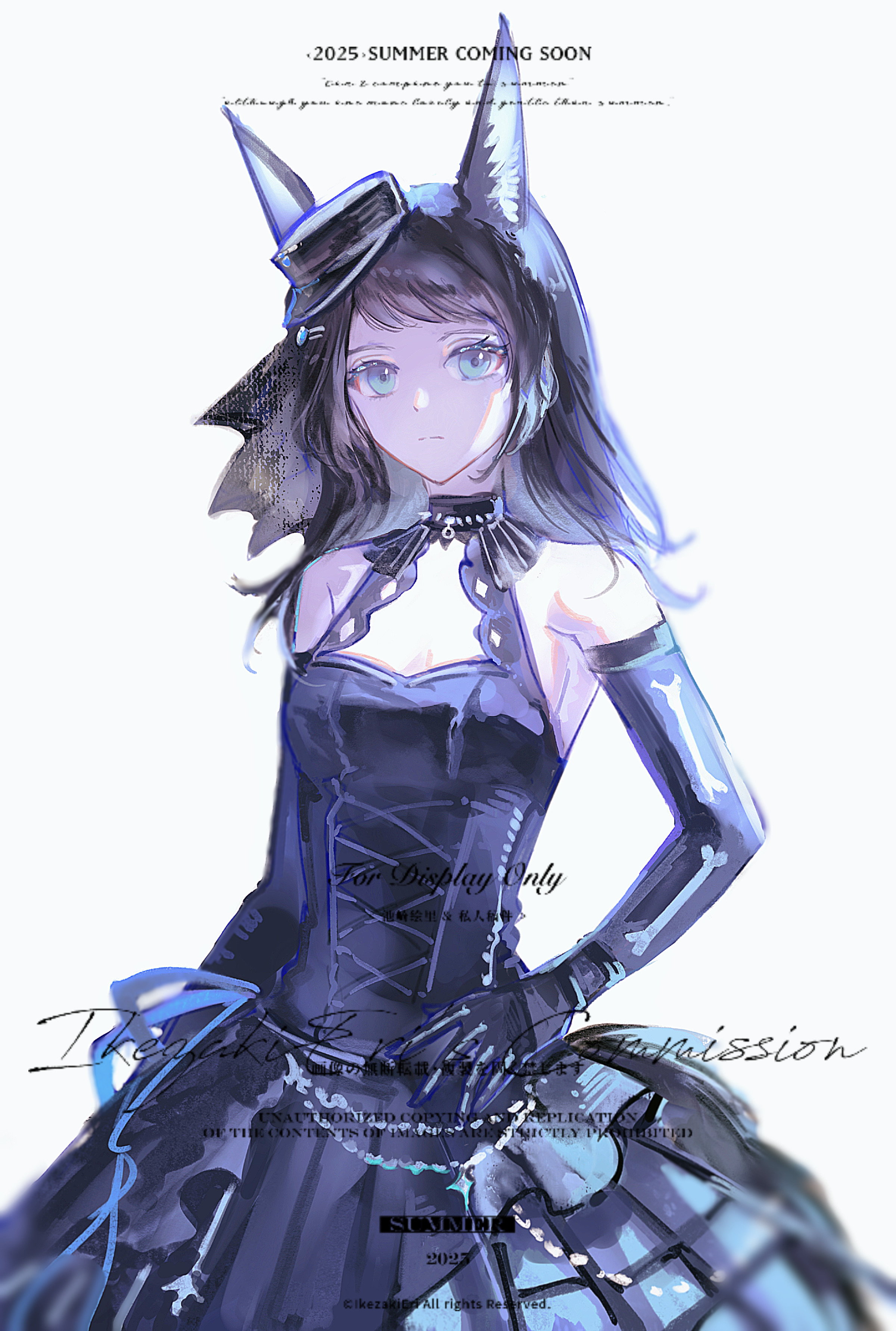 yahata umiri, yahata umiri (moonlight executioner), arknights, bang dream!, bang dream! it's mygo!!!!!, absurdres, chinese commentary, commentary request, commission, highres, 1girl, an hun qu, animal ears, bare shoulders, black dress, black gloves, black hair, black hat, blue eyes, bone print, breasts, closed mouth, dress, elbow gloves, gloves, hand on own hip, hat, kemonomimi mode, long hair, looking at viewer, medium breasts, mini hat, solo, tail, wolf ears, wolf girl, wolf tail