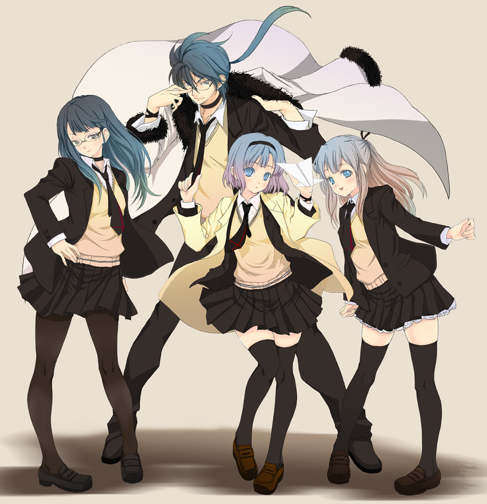 mikazukimo, original, 1boy, 3girls, adjusting eyewear, blue hair, coat, glasses, hairband, hand on own hip, hip focus, holding, holding paper airplane, legs, long hair, multiple girls, necktie, pantyhose, paper airplane, school uniform, serafuku, short hair, siblings, skirt, thighhighs, zettai ryouiki