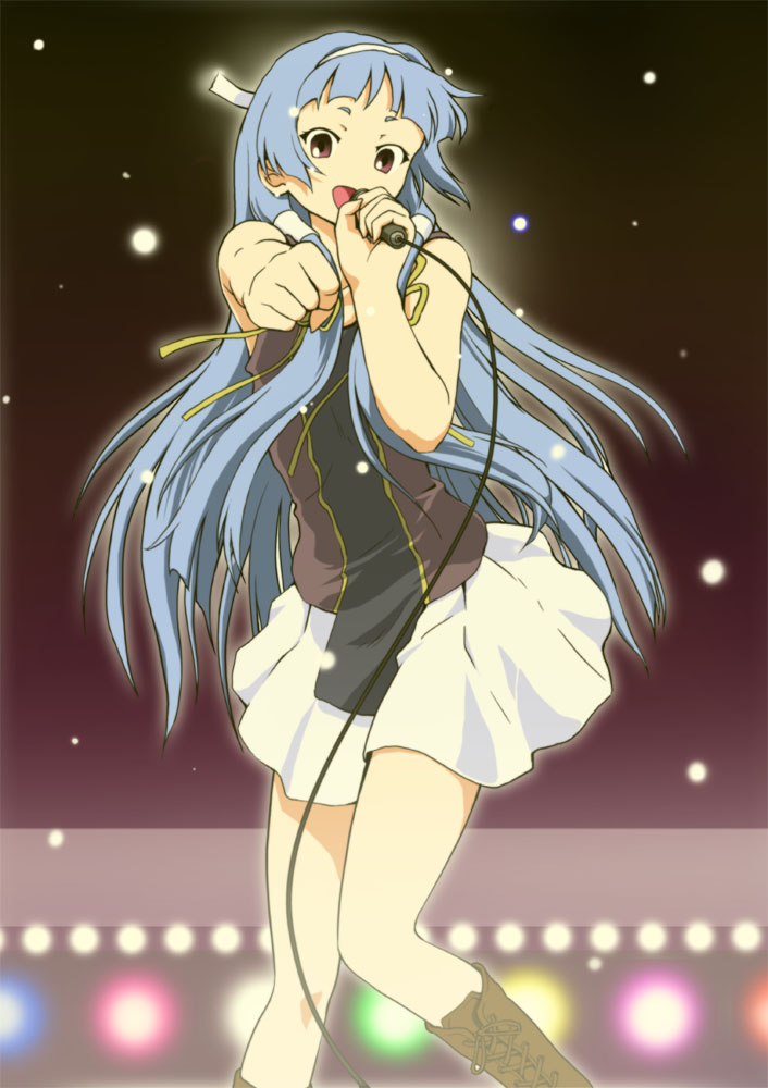 jspk, nagi, kannagi, 00s, 1girl, blue hair, blunt bangs, female focus, hair tubes, long hair, microphone, pleated skirt, skirt, solo, very long hair, white skirt