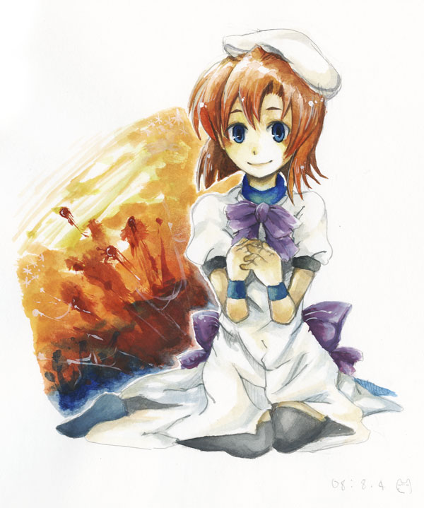 kusunoki (tallnight), yamaneko, ryuuguu rena, higurashi no naku koro ni, bad id, bad pixiv id, 00s, 1girl, blood, blue eyes, brown hair, dress, female focus, orange hair, short hair, solo, thighhighs
