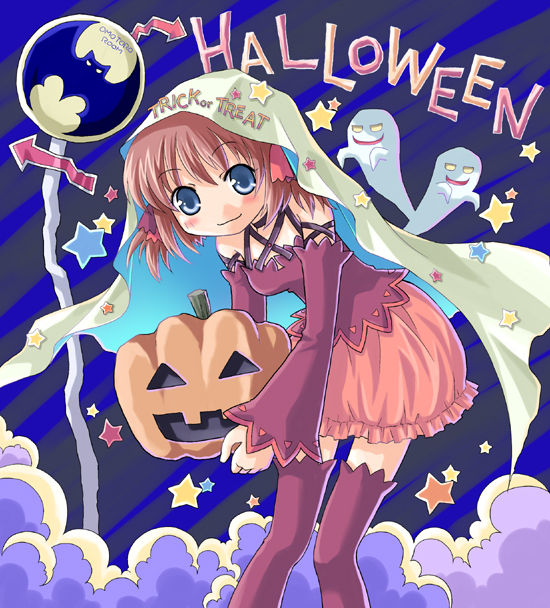 mizuna tomomi, original, 1girl, cape, female focus, ghost, halloween, jack-o'-lantern, pumpkin, purple thighhighs, sign, skirt, solo, star (symbol), thighhighs