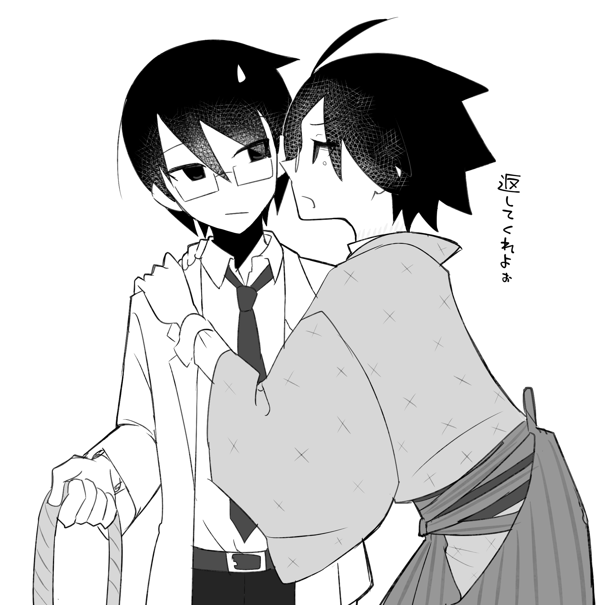 tomato ebichiri, itoshiki mikoto, itoshiki nozomu, sayonara zetsubou sensei, commentary request, highres, translated, 2boys, :/, ahoge, belt, black hair, brothers, closed mouth, cowboy shot, glasses, greyscale, hair between eyes, hakama, hand on another's shoulder, holding, holding rope, japanese clothes, kimono, lab coat, looking at another, male focus, monochrome, multiple boys, necktie, open mouth, rope, rope marks, siblings, simple background, sweatdrop, tears, white background