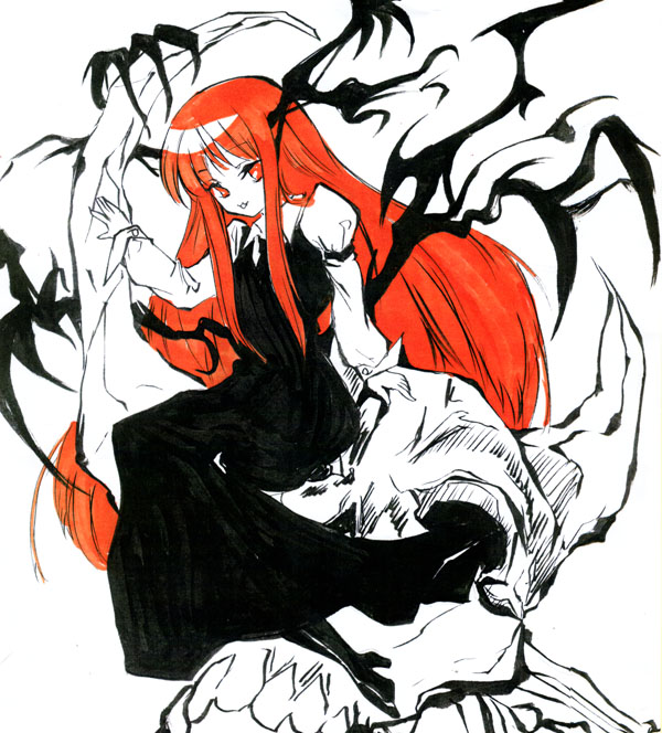 tomasu, tsurukame, koakuma, embodiment of scarlet devil, touhou, 1girl, female focus, head wings, long hair, red eyes, red hair, solo, very long hair, wings