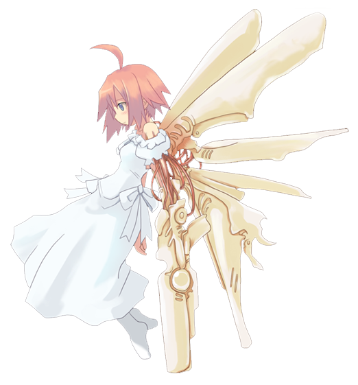 shibano kaito, uracil, born freaks!, saishuu heiki kanojo, 00s, 1girl, ahoge, bare shoulders, blue eyes, crossover, dress, female focus, full body, mechanical wings, pink hair, short hair, solo, transparent background, weapon, wings
