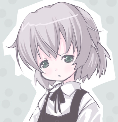 kiira, sanya v. litvyak, strike witches, world witches series, silver hair, tired, bad id, bad pixiv id, lowres, 00s, 1girl, aged down, blouse, bow, bowtie, female focus, green eyes, open mouth, ribbon, shirt, short hair, simple background, solo