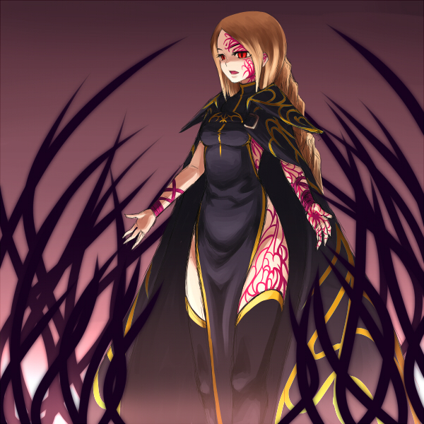 kuroitsuki, ovelia atkascha, final fantasy, final fantasy tactics, 1girl, cape, dark persona, female focus, red eyes, solo, tattoo, transformation