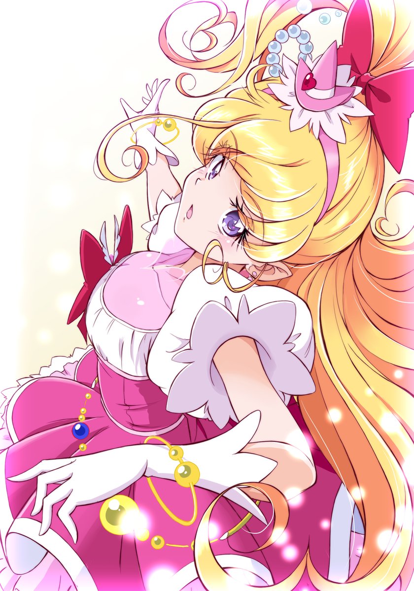amraam120c, asahina mirai, cure miracle, mahou girls precure!, mahou girls precure!! mirai days, precure, highres, 1girl, blonde hair, blush, bow, breasts, cowboy shot, gloves, gradient background, hair bow, hat, jewelry, long hair, looking at viewer, magical girl, mini hat, mini witch hat, open mouth, pink hat, pink skirt, purple eyes, purple hair, red bow, skirt, smile, solo, witch hat, yellow background