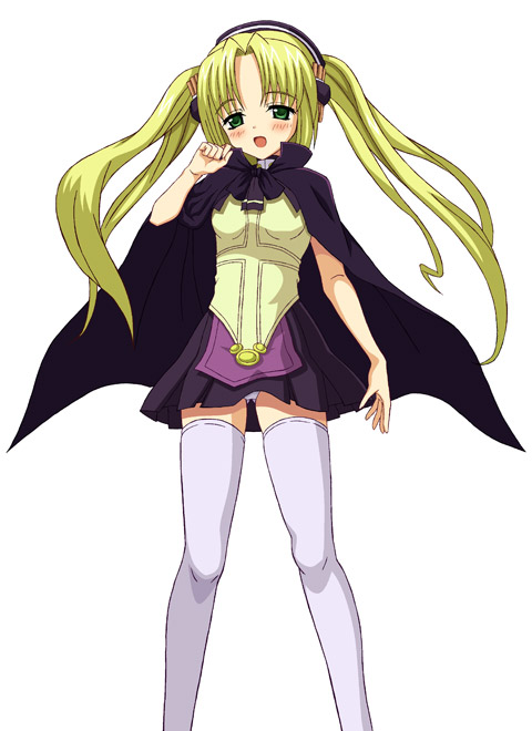 rasahan, tsukiyomi kinako, dai (series), daibanchou, 1girl, blonde hair, blush, cape, female focus, flat chest, green eyes, long hair, open mouth, panties, pantyshot, simple background, solo, thighhighs, twintails, underwear, very long hair, white panties, white thighhighs, zettai ryouiki