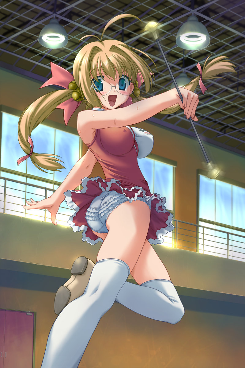shida kazuhiro, kurihira rikka, angel wish, game cg, 1girl, ass, bell, blue eyes, breasts, brown hair, cheerleader, covered erect nipples, female focus, frilled panties, frills, glasses, hair ribbon, large breasts, panties, pantyshot, ribbon, solo, thighhighs, twintails, underwear, white panties, white thighhighs