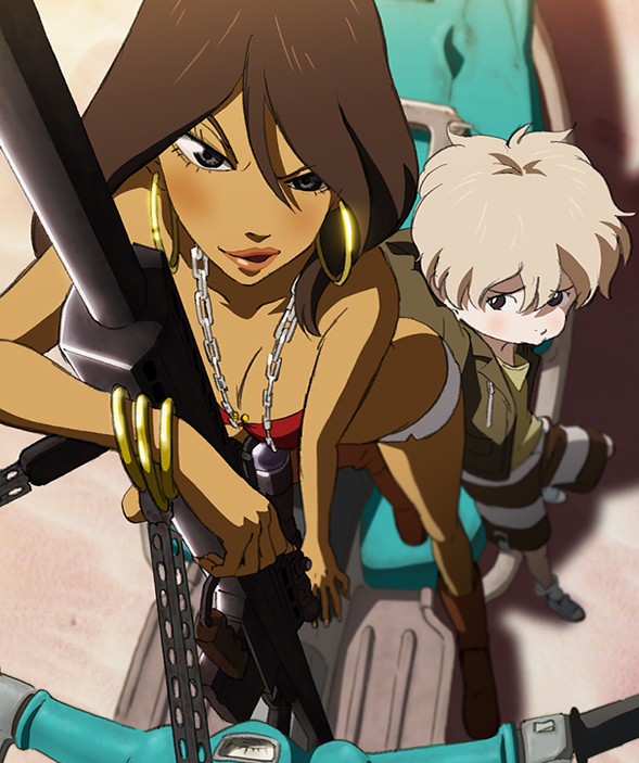 hatchin morenos, michiko malandro, michiko to hacchin, vehicle, scan, 2girls, age difference, boots, brown hair, chain, chain necklace, dark-skinned female, dark skin, earrings, female focus, gun, hoop earrings, jewelry, lipstick, makeup, mother and daughter, motor vehicle, motorcycle, multiple girls, necklace, rifle, scooter, tan, uneven eyes, weapon