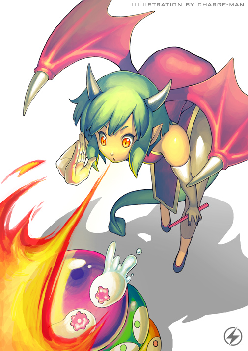 juuden, draco centauros, puyo (puyopuyo), madou monogatari, puyopuyo, 1girl, bat wings, breath weapon, breathing fire, china dress, chinese clothes, dragon girl, dragon wings, dress, elbow gloves, female focus, fire, gloves, green hair, horns, monster girl, pointy ears, short hair, solo, tail, tears, wings, yellow eyes