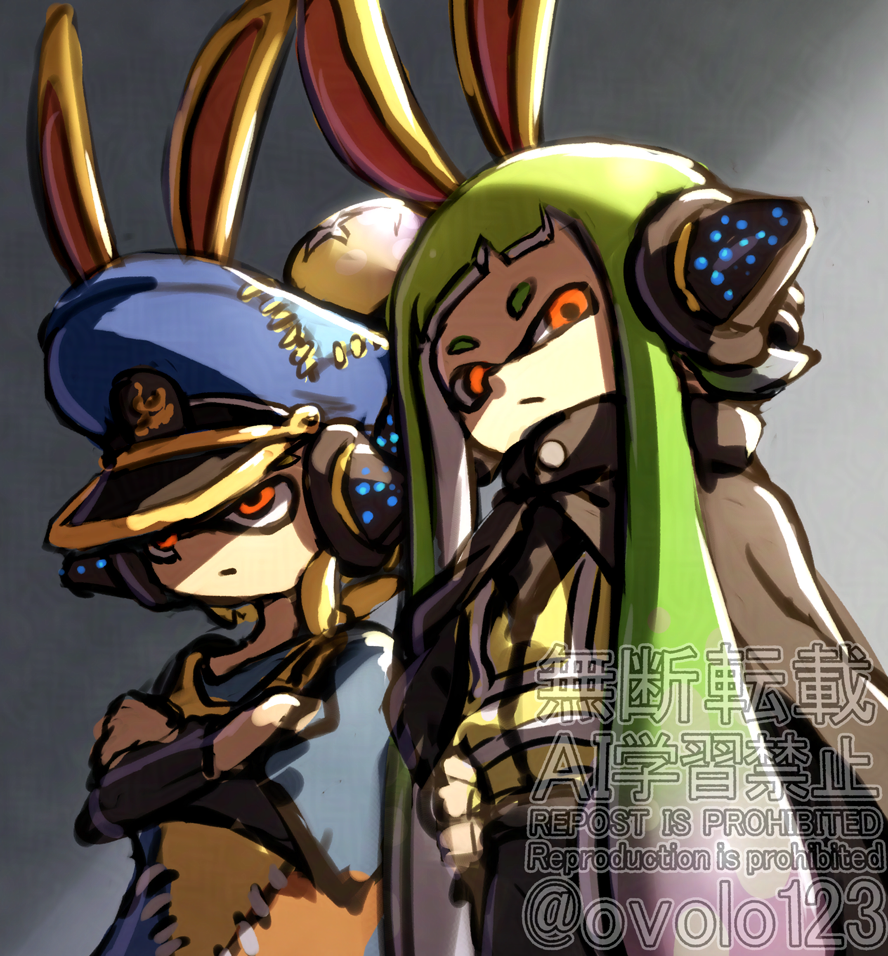ovolo123, agent 3 (splatoon), captain 3 (splatoon), nintendo, splatoon (series), 2girls, :/, :|, animal ears, backlighting, behind-the-head headphones, black cape, blonde hair, blunt bangs, bunny hood (zelda), cape, closed mouth, crossed arms, glowing, glowing eyes, green hair, headphones, high-visibility clothing, high-visibility vest, high collar, inkling, looking at viewer, multiple girls, orange eyes, rabbit ears, short bangs, short eyebrows, tentacle hair, watermark