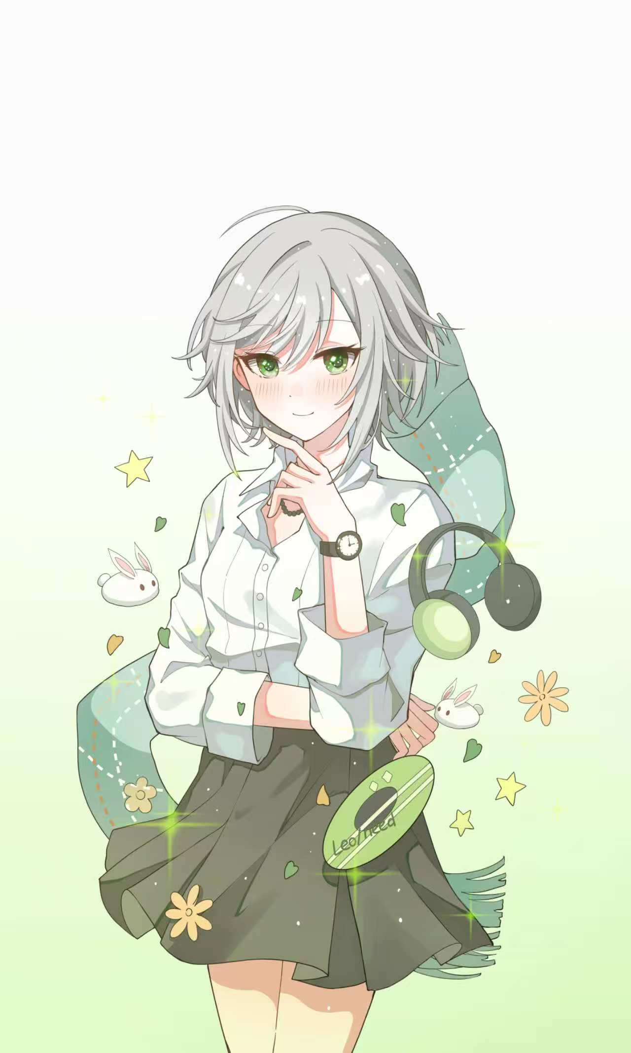 lulutmi, hinomori shiho, project sekai, commentary, english commentary, highres, 1girl, ahoge, animal, black skirt, blush, closed mouth, collared shirt, cowboy shot, flower, gradient background, green background, green eyes, grey hair, hair between eyes, hand up, headphones, heart, light particles, long sleeves, looking at viewer, miniskirt, orange flower, pleated skirt, rabbit, shirt, short hair, simple background, skirt, smile, solo, sparkle, standing, star (symbol), swept bangs, two-tone background, unworn headphones, watch, white background, white rabbit (animal), white shirt, wristwatch