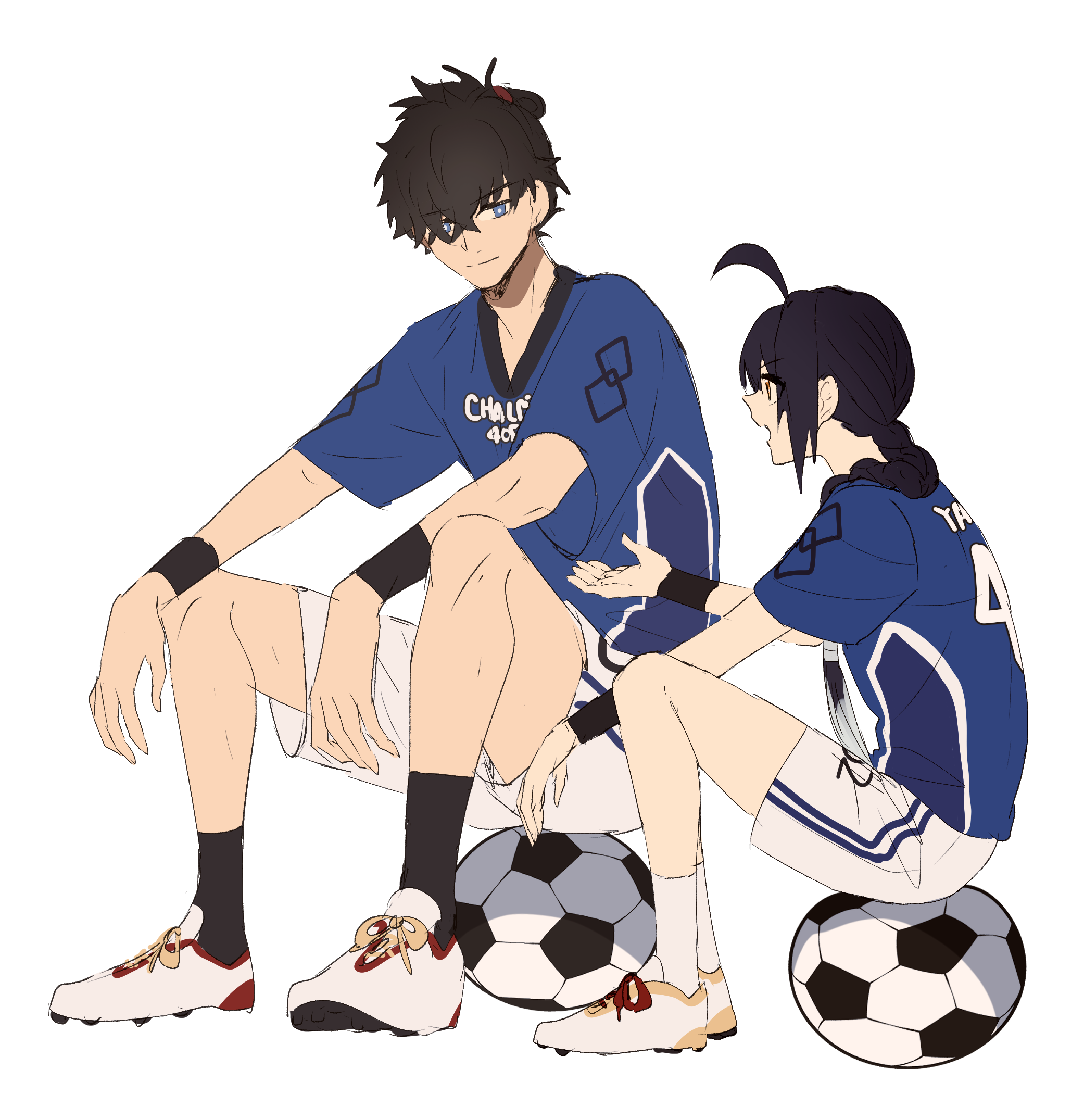 ninjin (ne f g o), miyamoto iori (fate), yamato takeru (fate), fate/samurai remnant, fate (series), highres, 1boy, 1other, ahoge, ball, black hair, black socks, blue shirt, braid, cleats, full body, hair between eyes, hair over shoulder, long hair, looking at viewer, shirt, shoes, short hair, short sleeves, shorts, simple background, sitting on ball, smile, soccer ball, soccer uniform, socks, sportswear, white background, white shoes, white shorts, white socks