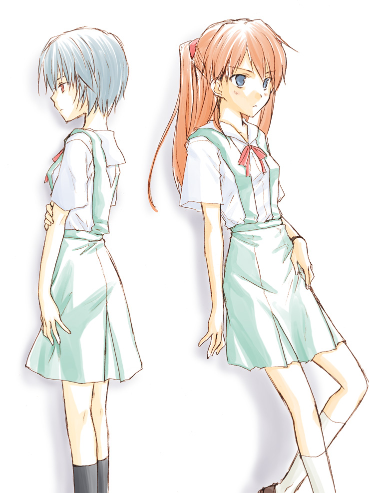 seri natsume, ayanami rei, souryuu asuka langley, neon genesis evangelion, 2girls, blue eyes, blue hair, long hair, multiple girls, red eyes, red hair, school uniform, serafuku, short hair