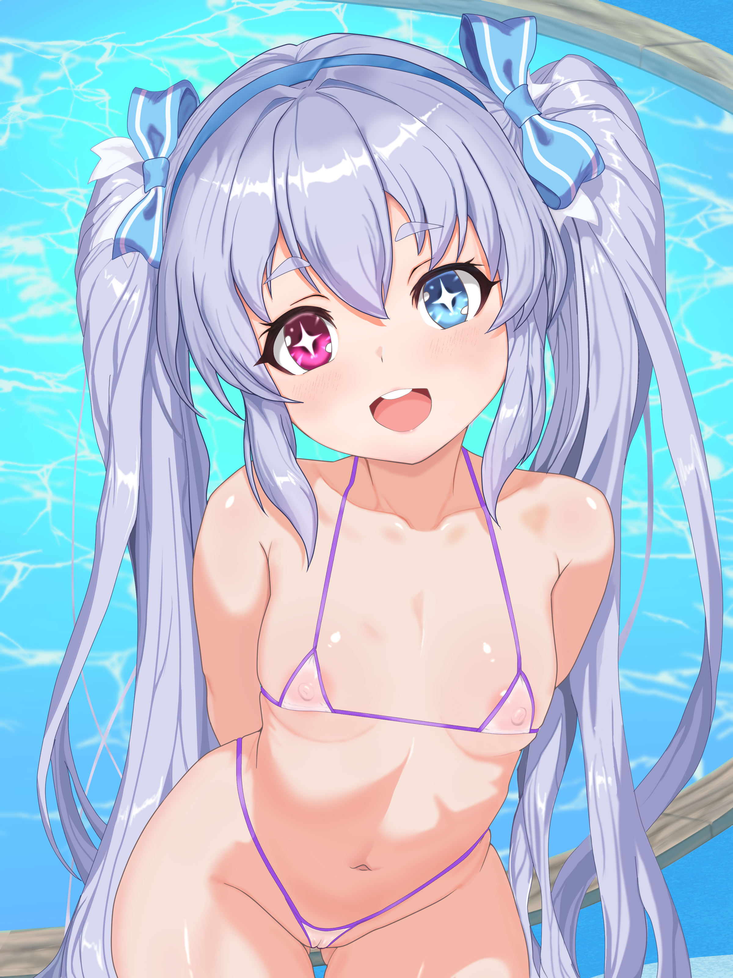 refithea (brown dust), brown dust (series), brown dust 2, absurdres, commentary, highres, 1girl, arms behind back, bikini, blue eyes, blush, bow, breasts, collarbone, elf, gluteal fold, grey hair, hair between eyes, hair bow, hairband, heterochromia, long hair, looking at viewer, micro bikini, navel, nipples, open mouth, pointy ears, pool, purple bikini, red eyes, see-through bikini, see-through clothes, small breasts, smile, solo, star-shaped pupils, star (symbol), stomach, swimsuit, symbol-shaped pupils, teeth, twintails, upper teeth only, very long hair, yok265