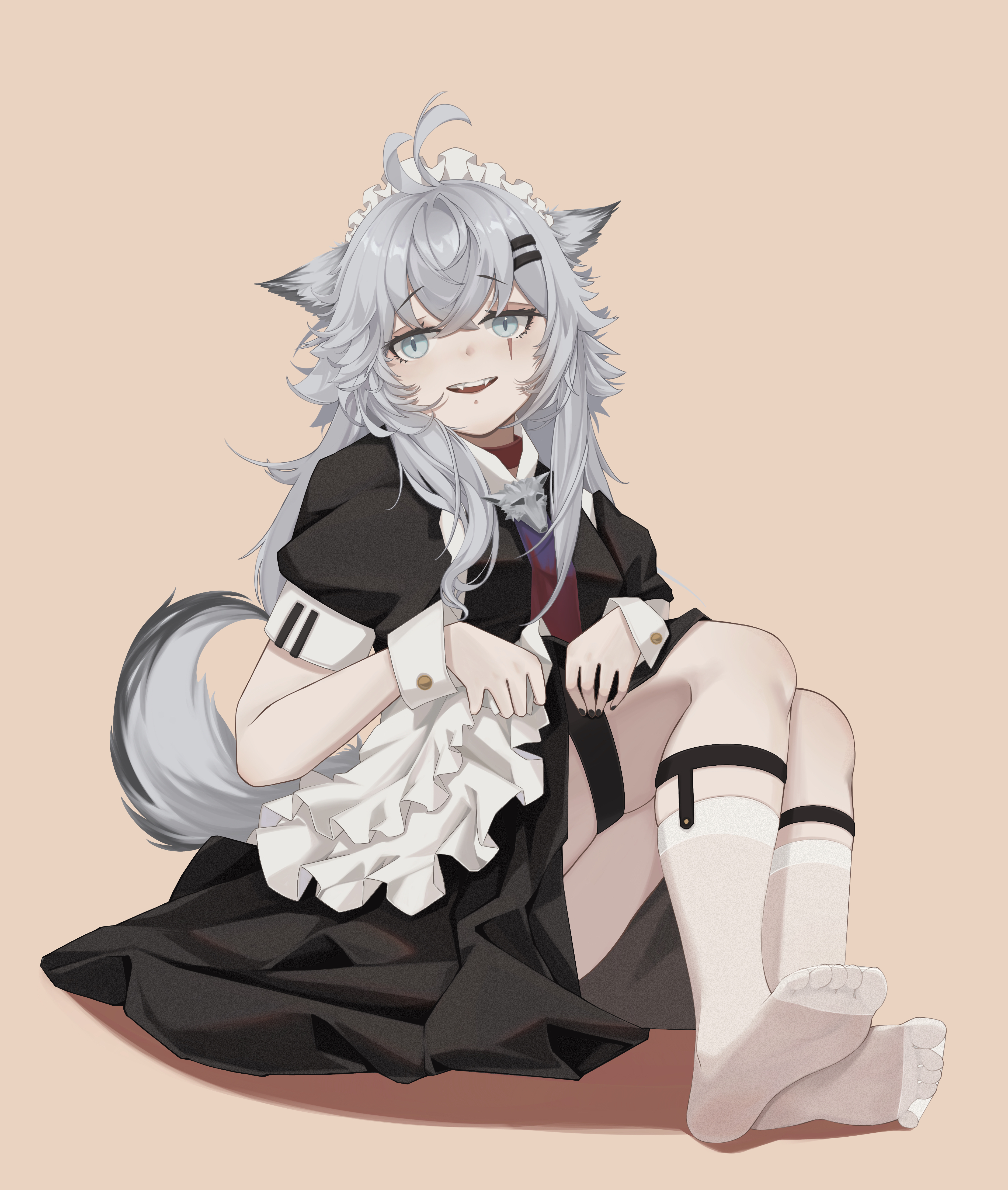 lappland (arknights), arknights, absurdres, highres, 1girl, ahoge, animal ears, apron, black nails, fangs, feet, grey eyes, karuta zz, long hair, maid, maid apron, maid headdress, open mouth, scar, scar across eye, scar on face, simple background, socks, soles, solo, tail, toes, wolf ears, wolf girl, wolf tail, wrist cuffs