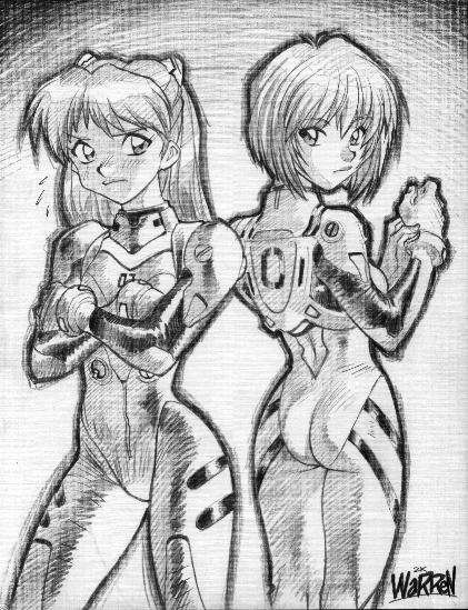 ayanami rei, souryuu asuka langley, neon genesis evangelion, non-web source, traditional media, 2girls, ass, back, crossed arms, embarrassed, greyscale, long hair, looking back, mecha pilot suit, monochrome, multiple girls, plugsuit (evangelion), short hair, sketch