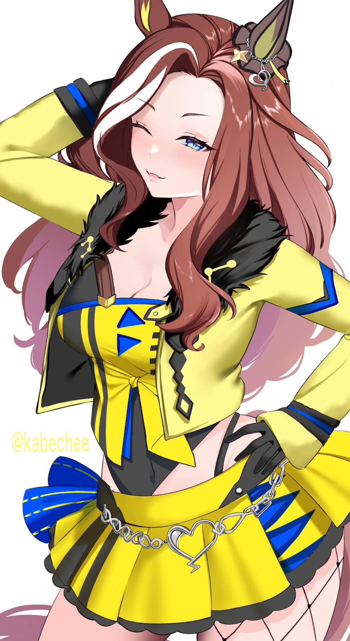 chikabe, daring heart (umamusume), umamusume, commentary request, highres, 1girl, animal ears, blue eyes, blush, collarbone, forehead, gloves, hair between eyes, hair ornament, horse ears, horse tail, jacket, long hair, looking at viewer, midriff, navel, simple background, solo, tail, twitter username, white background