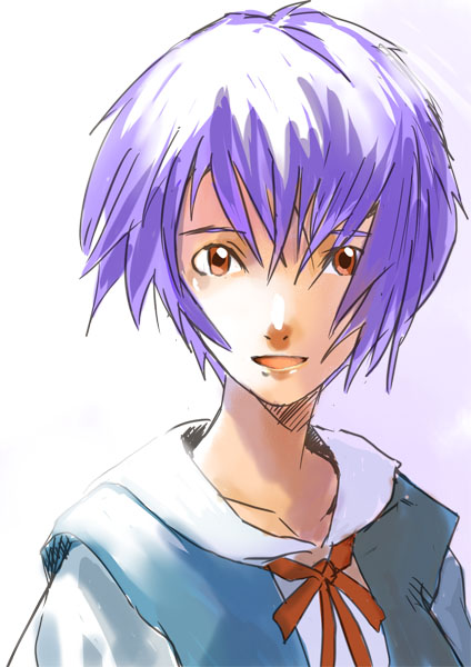 ayanami rei, neon genesis evangelion, non-web source, blue hair, hair between eyes, portrait, red eyes, school uniform, serafuku, solo, white background, wind