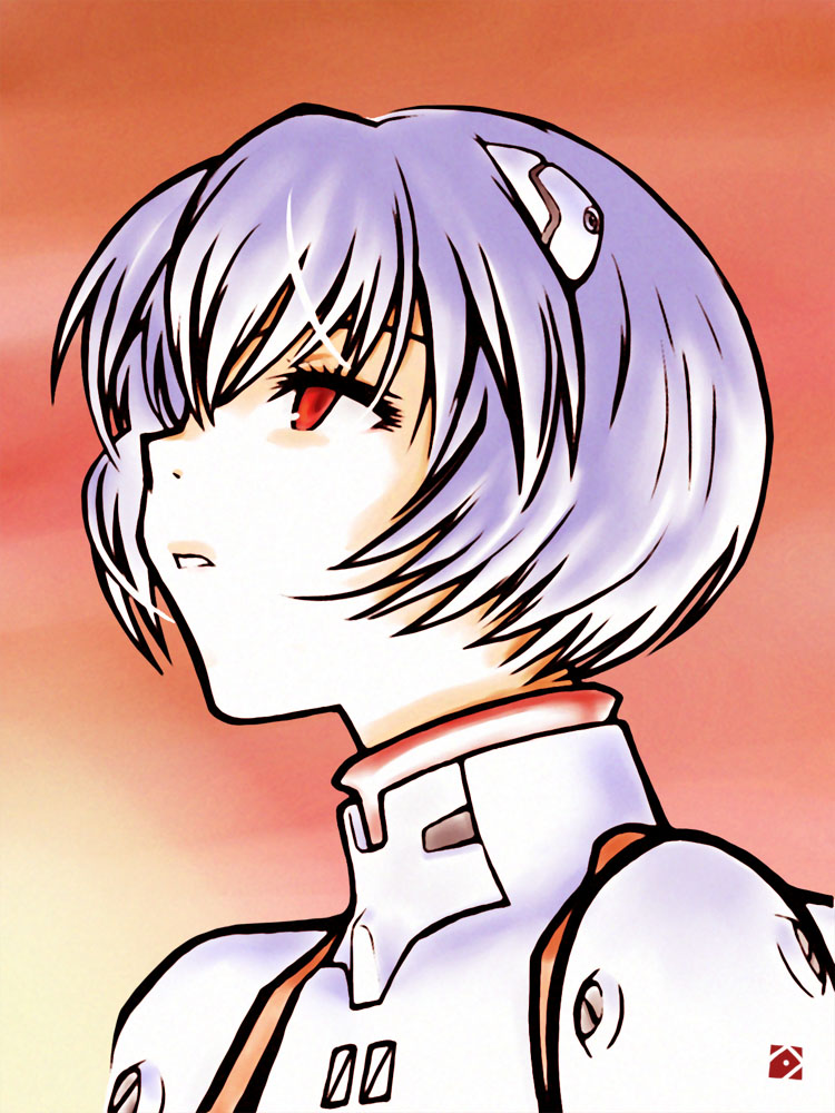 ayanami rei, neon genesis evangelion, bad id, bad pixiv id, tagme, blue hair, bob cut, from below, from side, mecha pilot suit, plugsuit (evangelion), portrait, short hair, solo, sunset