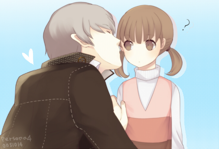 harano, doujima nanako, narukami yu, atlus, persona, persona 4, silver hair, 1boy, 1girl, ?, brown eyes, brown hair, gakuran, heart, hetero, kiss, long sleeves, school uniform, short hair, twintails, vest