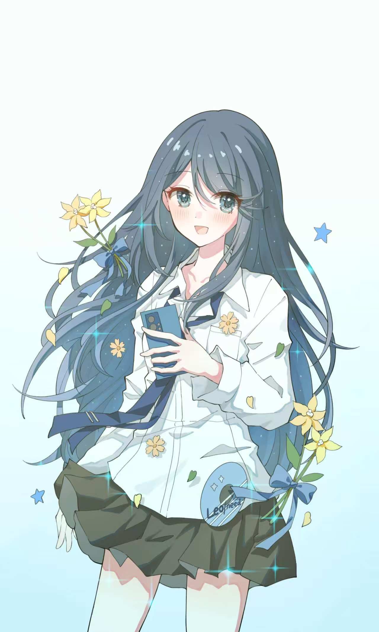 lulutmi, hoshino ichika (project sekai), project sekai, commentary, english commentary, highres, 1girl, :d, arm at side, black hair, black skirt, blue background, blue eyes, blue hair, blue necktie, blush, cd, collared shirt, cowboy shot, flower, gradient background, gradient hair, hair between eyes, hand up, holding, holding phone, light particles, long hair, long sleeves, looking at viewer, miniskirt, multicolored hair, necktie, open mouth, phone, pleated skirt, pocket, shirt, sidelocks, simple background, skirt, smile, solo, sparkle, standing, star (symbol), swept bangs, tie clip, tongue, two-tone background, two-tone hair, very long hair, white background, white shirt, yellow flower, yellow petals