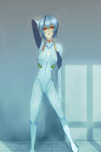 ayanami rei, neon genesis evangelion, lowres, armpits, blue hair, bracer, breasts, breasts apart, full body, half-closed eyes, legs apart, mecha pilot suit, plugsuit (evangelion), red eyes, short hair, skin tight, solo, standing, stretching