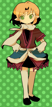 azuma seiji, mizuhashi parsee, touhou, lowres, 1girl, arm warmers, blonde hair, female focus, full body, green eyes, pointy ears, scarf, short hair, socks, solo, standing