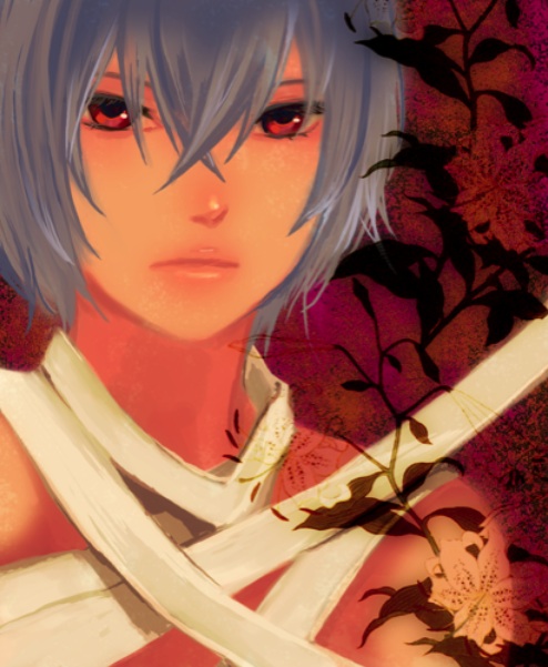 harumi chihiro, ayanami rei, neon genesis evangelion, bandages, bare shoulders, blue hair, red eyes, short hair, solo