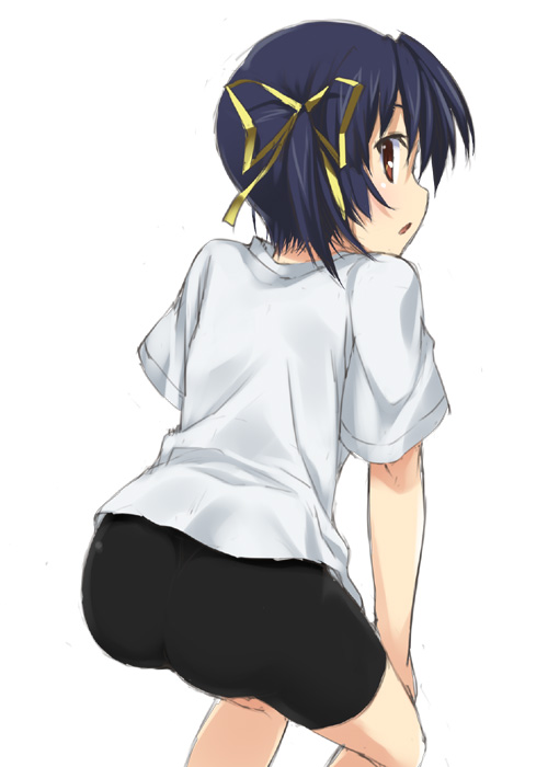 mizuki makoto, sunohara mei, clannad, 00s, 1girl, ass, bike shorts, blush, child, female focus, from behind, hair ornament, hairpin, looking at viewer, shirt, short hair, short sleeves, simple background, solo, white background, white shirt