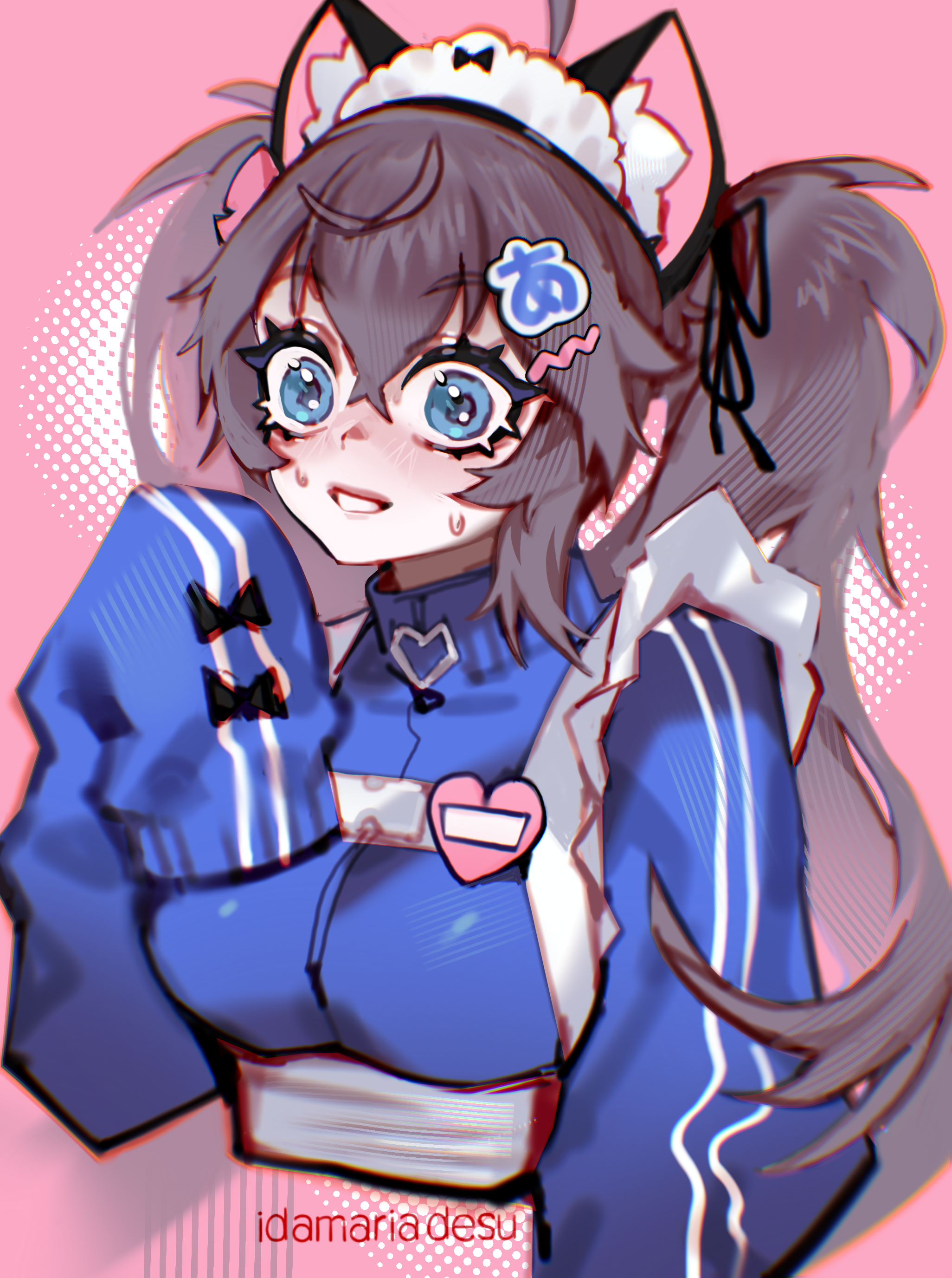 idamaria, original, absurdres, art trade, commentary, english commentary, highres, mixed-language commentary, 1girl, ahoge, animal ear fluff, animal ears, artist name, blue eyes, blue jacket, breasts, cat ears, cropped torso, grey hair, hair between eyes, hair ornament, hairclip, heart, jacket, jersey maid, large breasts, long hair, long sleeves, looking at viewer, maid, maid headdress, name tag, parted lips, pink background, simple background, sleeves past fingers, sleeves past wrists, smile, solo, sweat, track jacket, unconventional maid, upper body