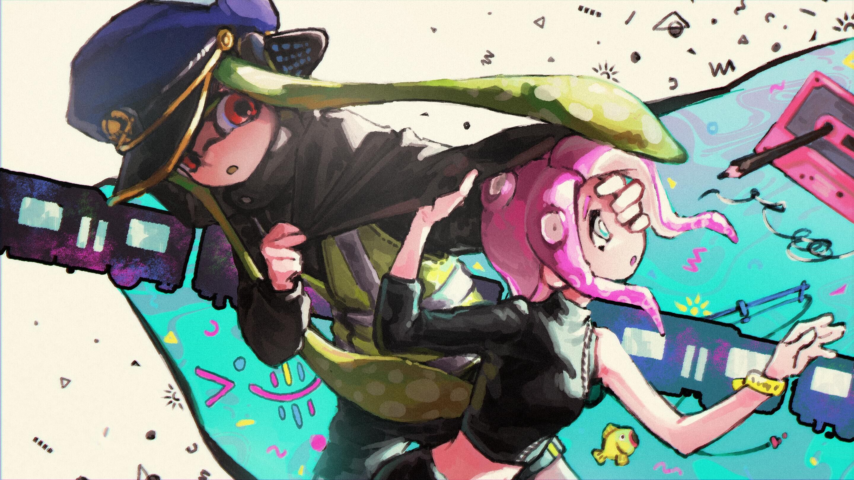 agent 3 (splatoon), agent 8 (splatoon), captain 3 (splatoon), nintendo, splatoon (series), splatoon 3, highres, 2girls, :o, asymmetrical sleeves, behind-the-head headphones, black cape, cape, crop top, cuscutasis, front zipper, hat, headphones, high-visibility clothing, high-visibility vest, high collar, inkling, long hair, looking ahead, looking at another, medium hair, multiple girls, octoling, peaked cap, pink hair, red eyes, tentacle hair, uneven sleeves