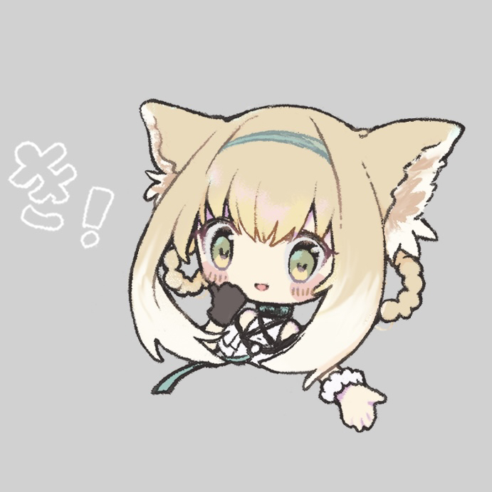 erandhl, infection monitor (arknights), suzuran (arknights), arknights, commentary request, 1girl, animal ears, black gloves, blonde hair, blue hairband, blush, braid, braided hair rings, chibi, cropped torso, fox ears, fox girl, gloves, green eyes, grey background, hair rings, hairband, looking at viewer, open mouth, short hair, simple background, single glove, solo, twin braids