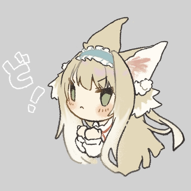 erandhl, suzuran (arknights), suzuran (spring praise) (arknights), arknights, commentary request, 1girl, :<, animal ears, blonde hair, blue hairband, blush, chibi, closed mouth, cropped torso, fox ears, fox girl, frilled hairband, frills, green eyes, grey background, hairband, long hair, official alternate costume, simple background, solo